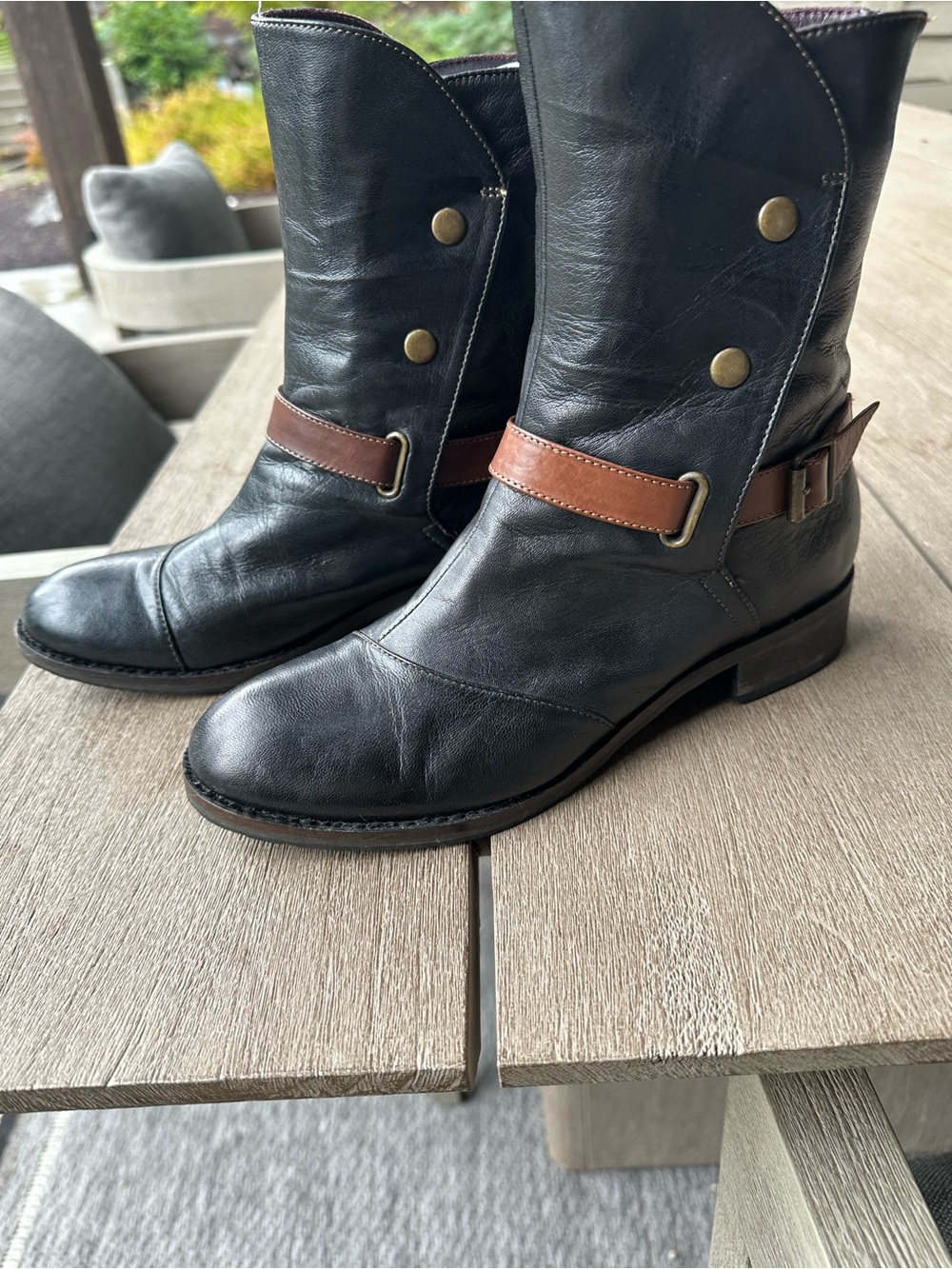 Women’s Black Leather Moto Boots with Brown Strap